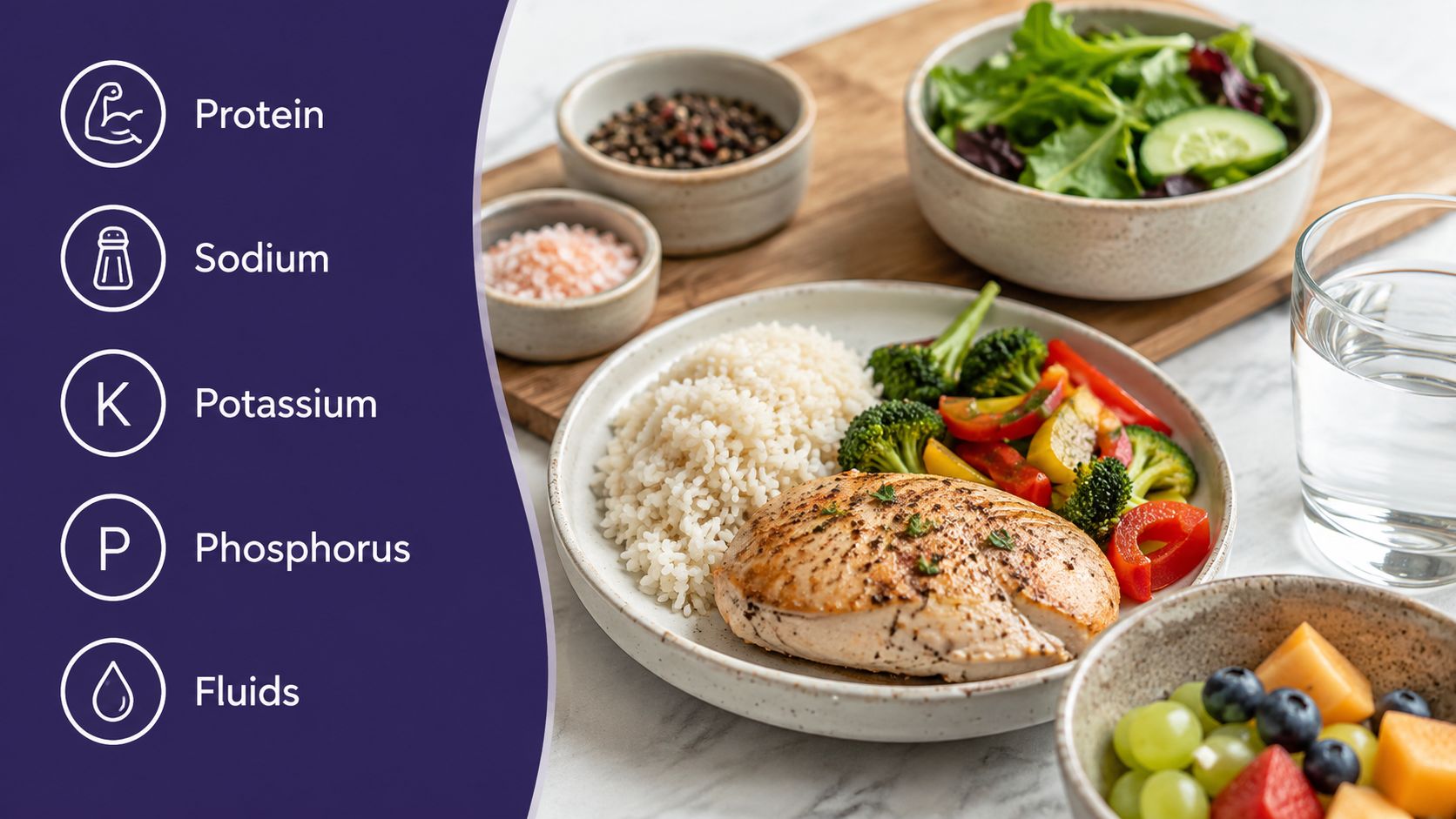 A healthy meal of chicken, rice, vegetables, and fruit representing a balanced chronic kidney disease diet.