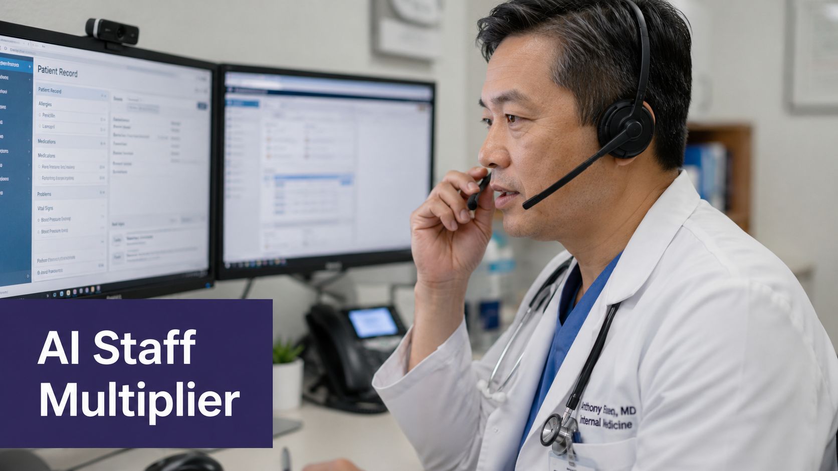 A doctor using a headset and computer monitors to manage patient records in a professional office setting.