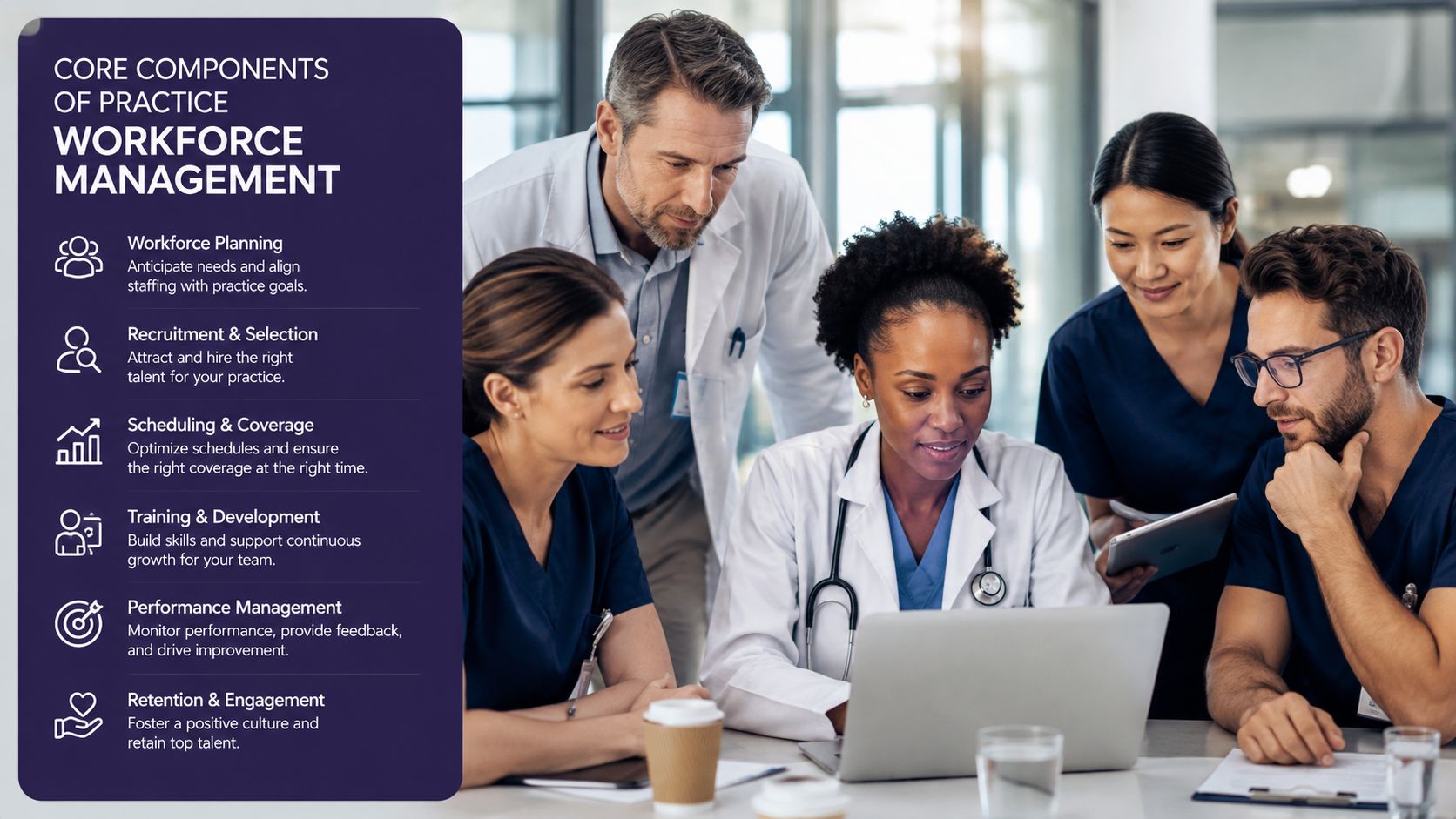 A diverse team of medical professionals reviewing data on a laptop in a modern office environment.