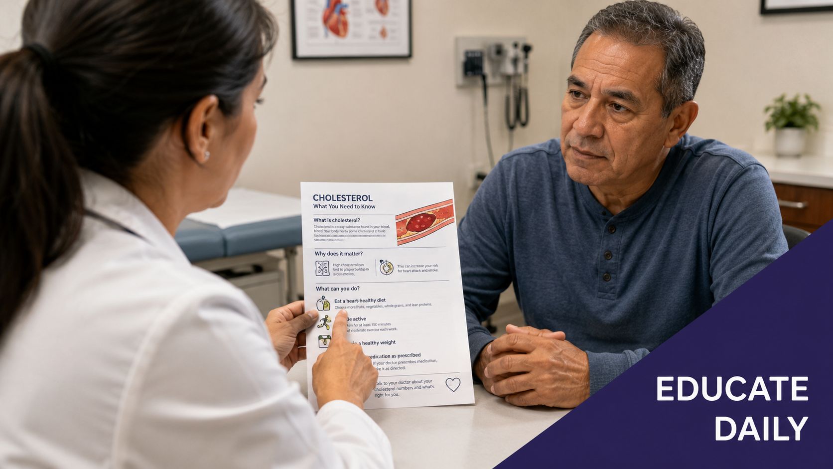 A female doctor explaining a cholesterol education pamphlet to a male patient in a clinical office setting.