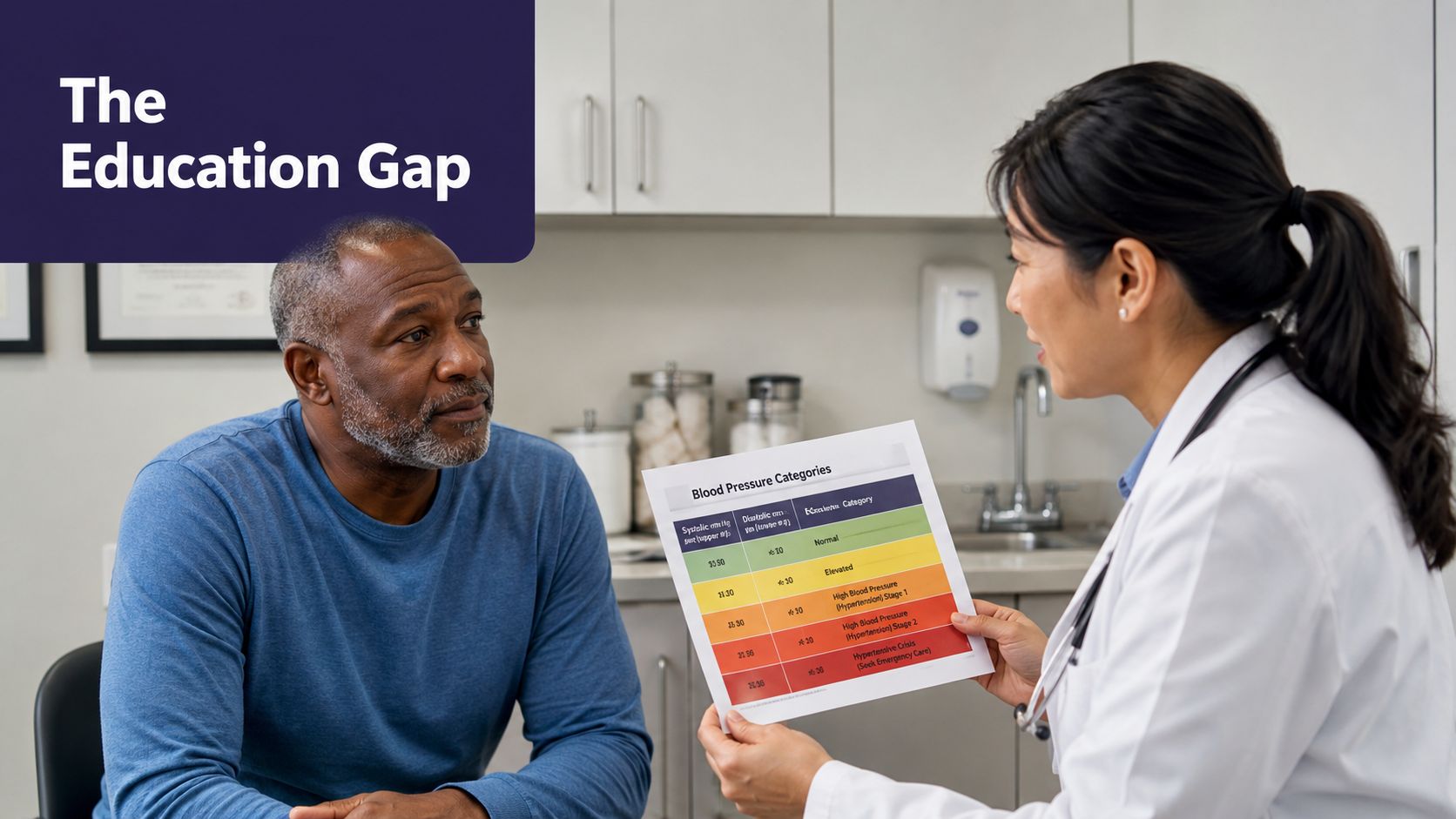 A doctor showing a blood pressure category chart to a patient during a medical consultation.