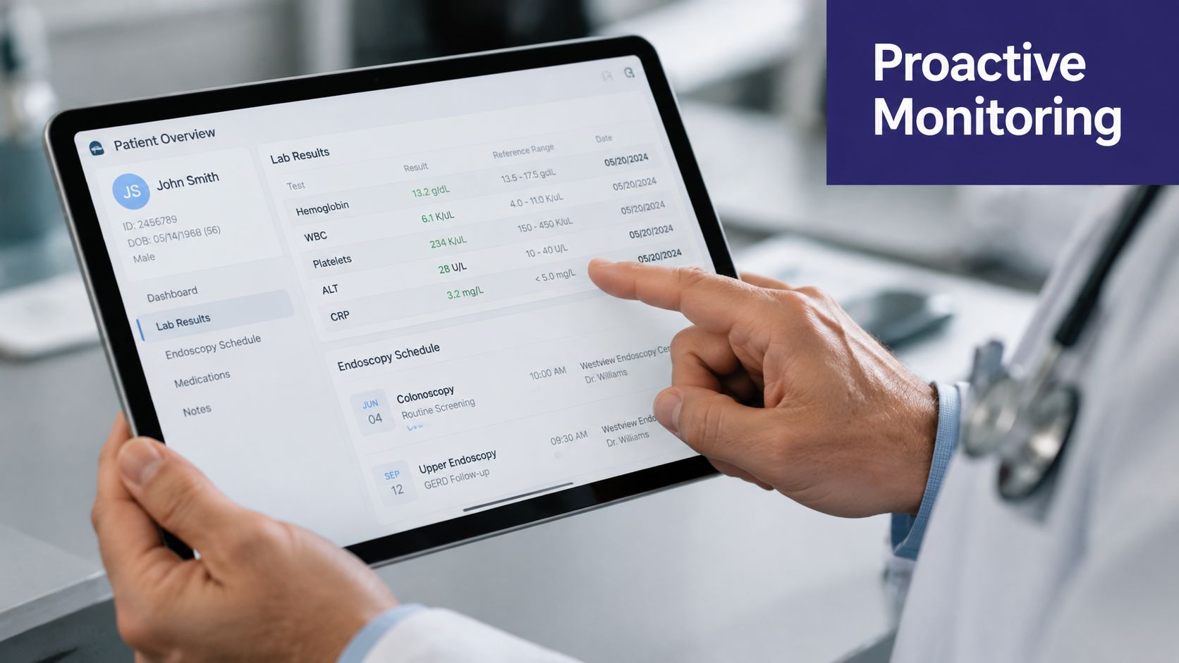 A doctor reviewing a patient's digital health records on a tablet for ulcerative colitis management.