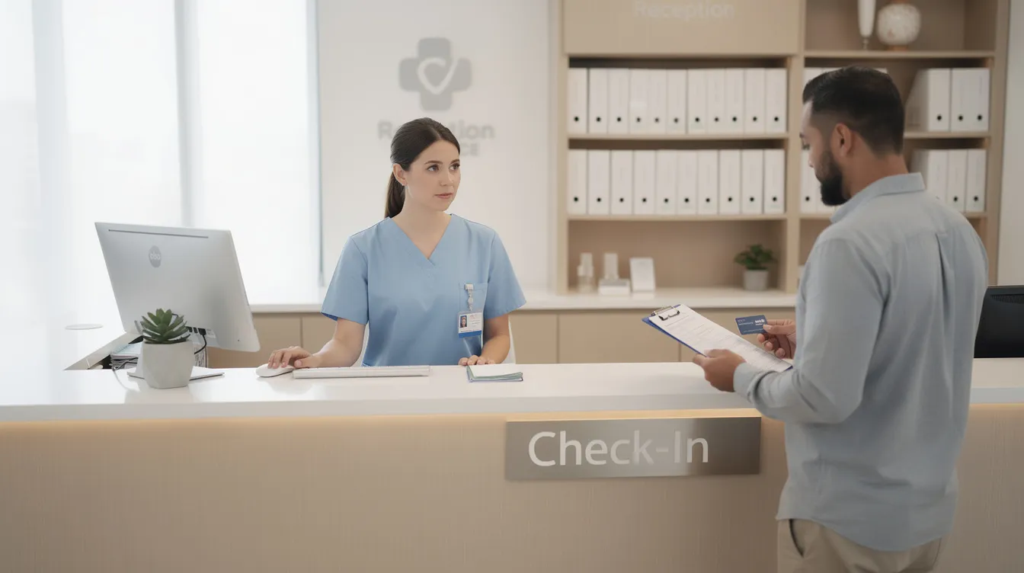 The image depicts a medical office front desk area where a staff member is engaged with a computer, likely utilizing practice management software to assist with administrative tasks, while a patient is checking in for their appointment. This setting highlights the importance of efficient patient registration and data management in enhancing patient care within a healthcare organization.