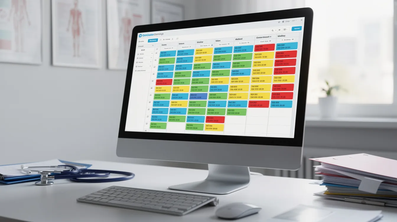 The image depicts a computer screen displaying a calendar view in a medical office, featuring color-coded appointment blocks for efficient patient scheduling. This visual representation highlights the use of practice management software to streamline administrative tasks and enhance patient care in a healthcare organization.