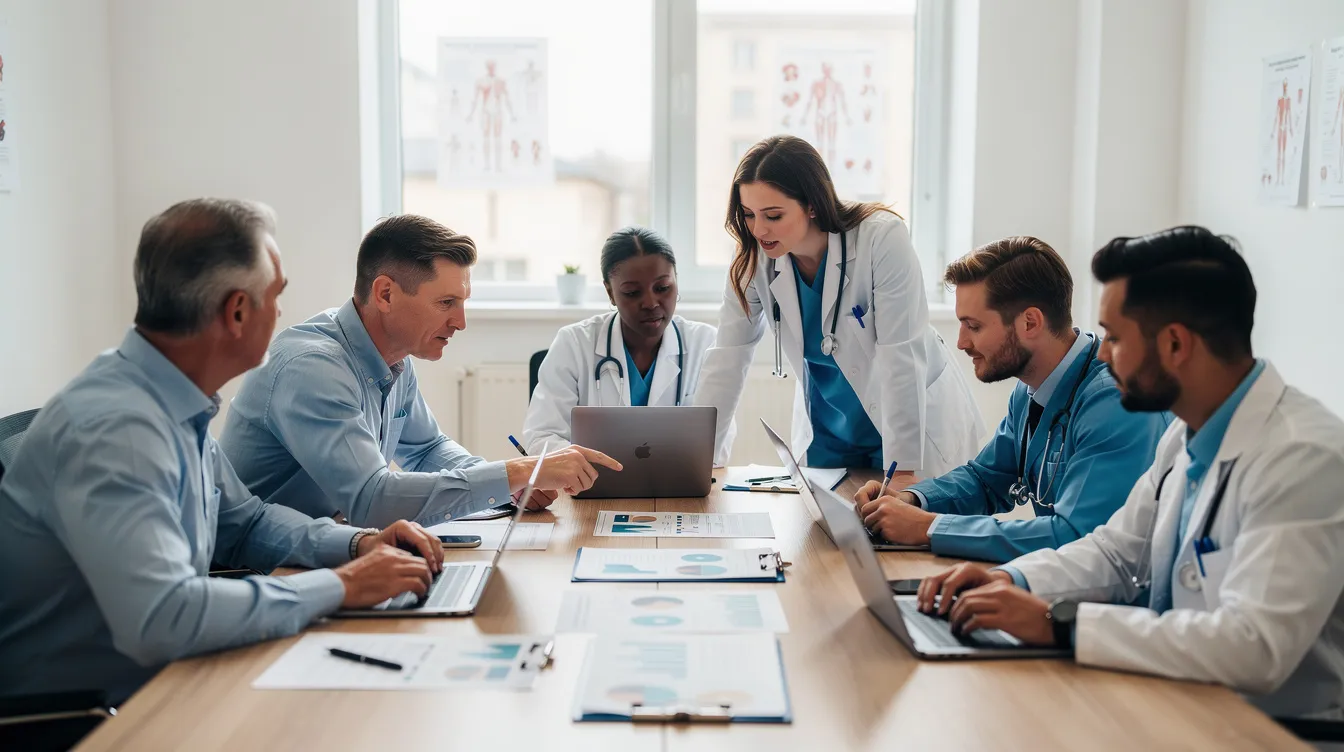 A small medical practice team is gathered around a table, engaged in a discussion about operations and ways to enhance patient care through effective practice management software. They are likely addressing administrative tasks and strategies for improving financial performance within their healthcare organization.