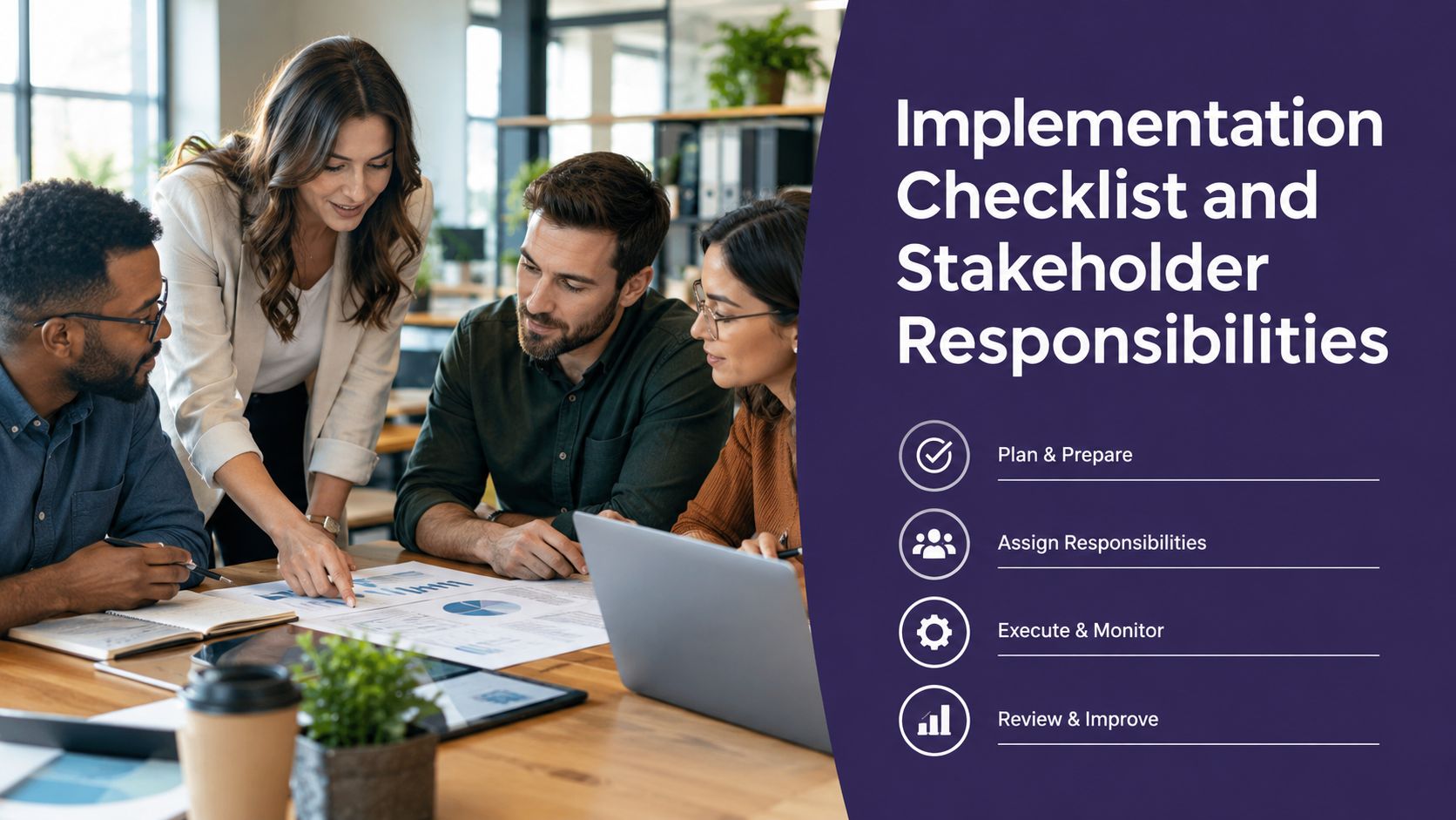 A professional team collaborating on business strategies during an implementation meeting with a displayed task checklist.