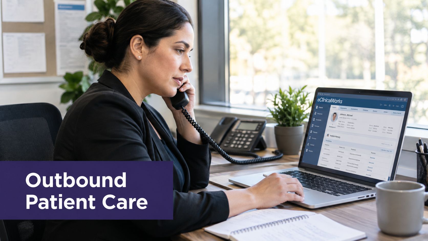 A professional woman in a business suit using a laptop and phone for outbound patient care communication.