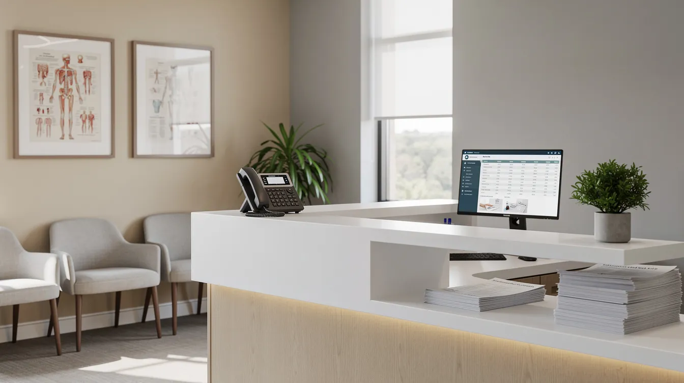 Medical office reception desk with a phone and computer