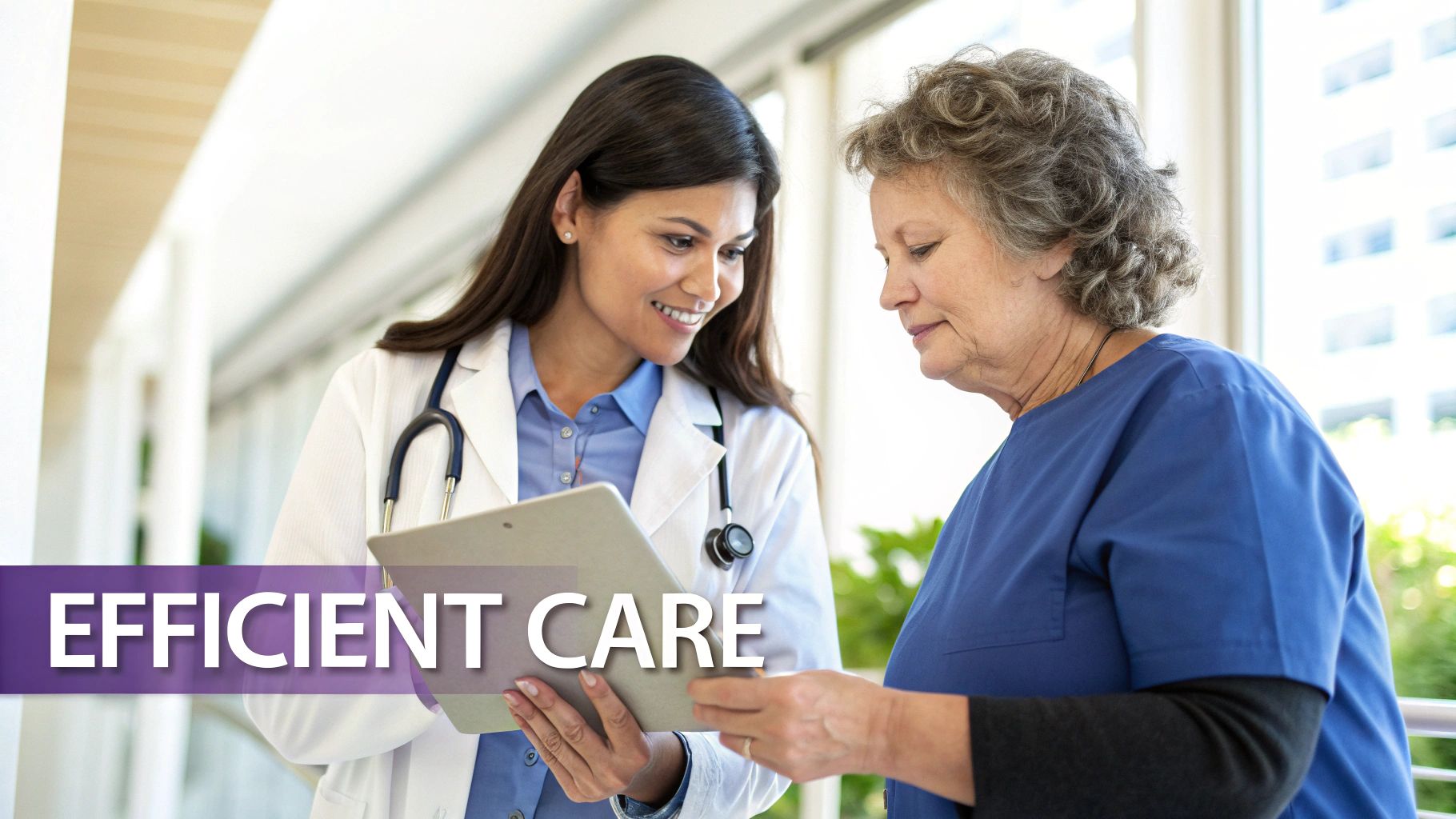 A doctor and nurse reviewing notes together, representing efficient care supported by conversational AI