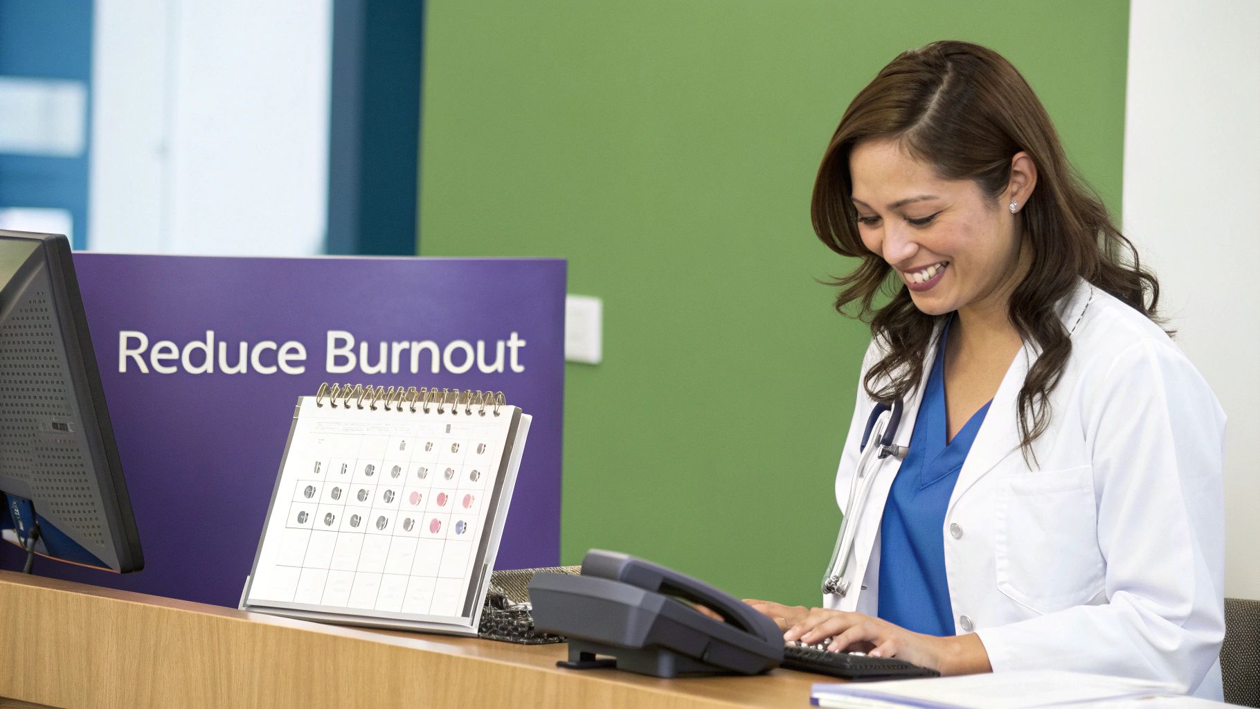 A healthcare professional working at a desk, representing reduced administrative burden
