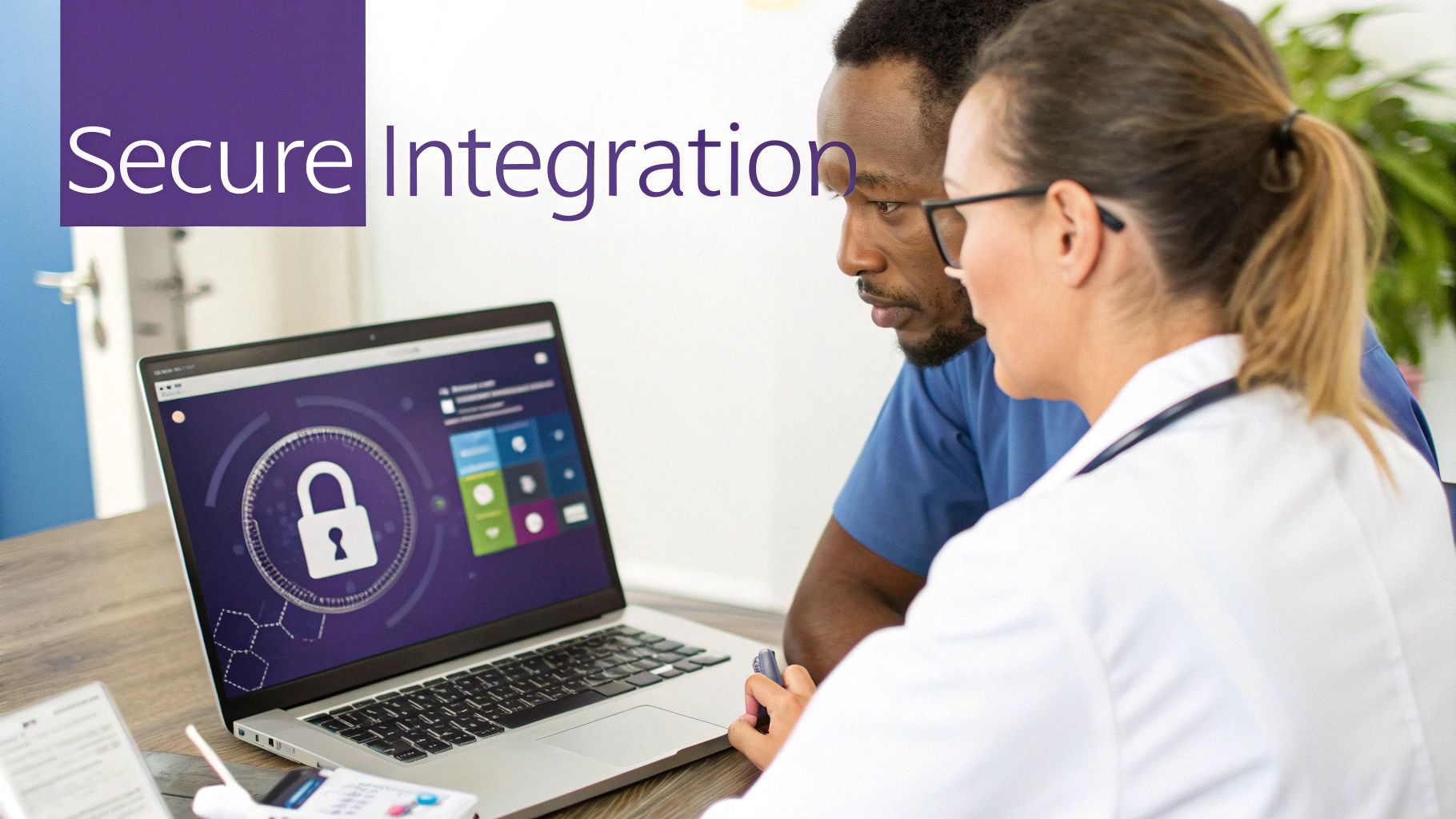 Healthcare professionals reviewing secure software on a laptop, representing data security